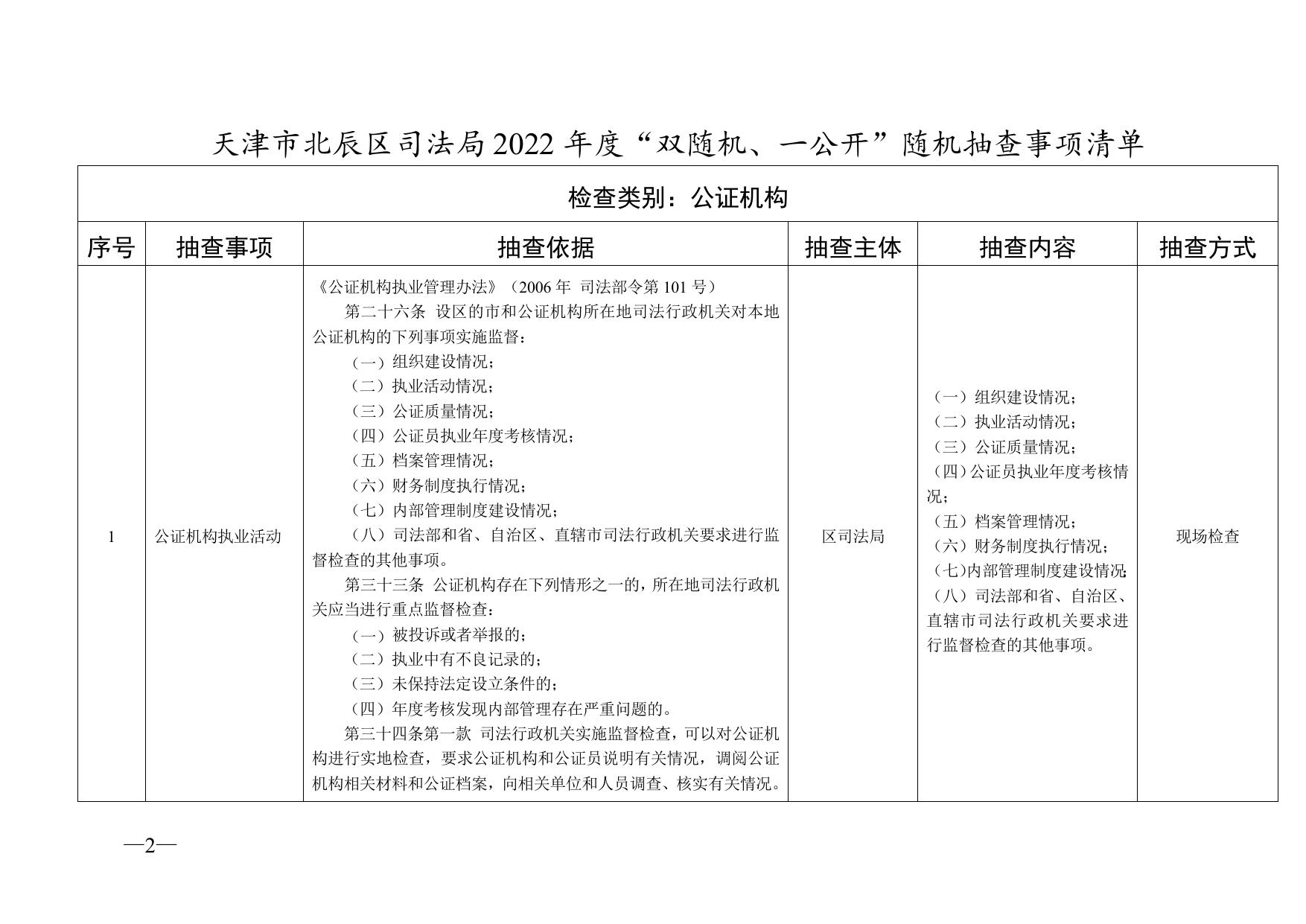 天津市北辰区司法局2022年度“双随机、一公开”随机抽查事项清单.doc