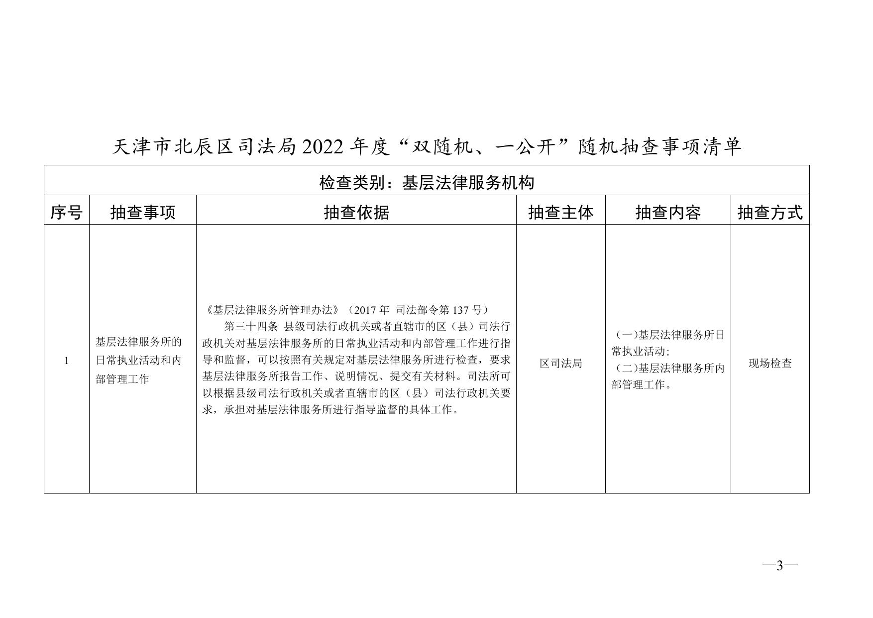 天津市北辰区司法局2022年度“双随机、一公开”随机抽查事项清单.doc