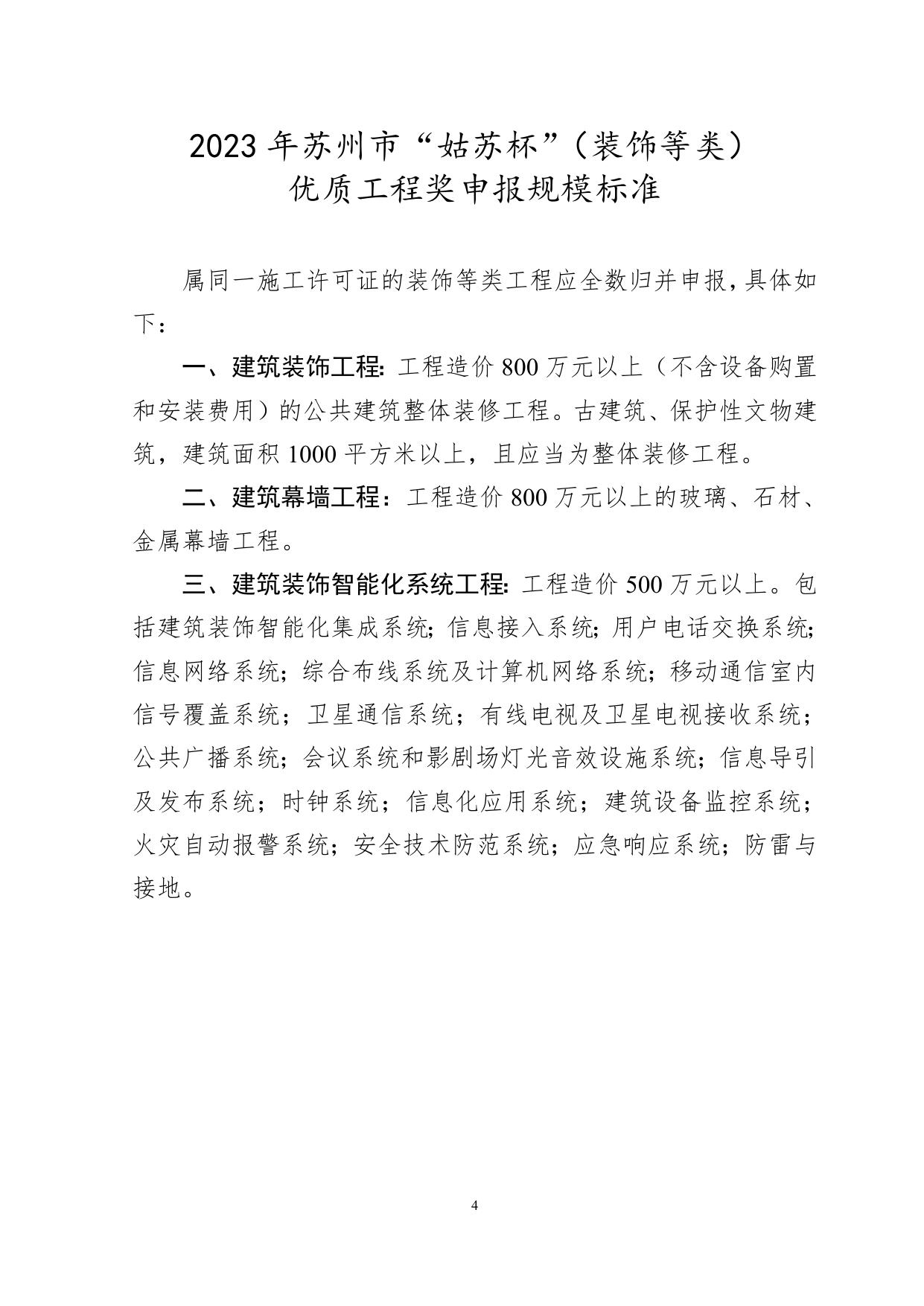 2023年苏州市“姑苏杯”（房建、装饰、安装等类）优质工程奖申报规模标准.doc