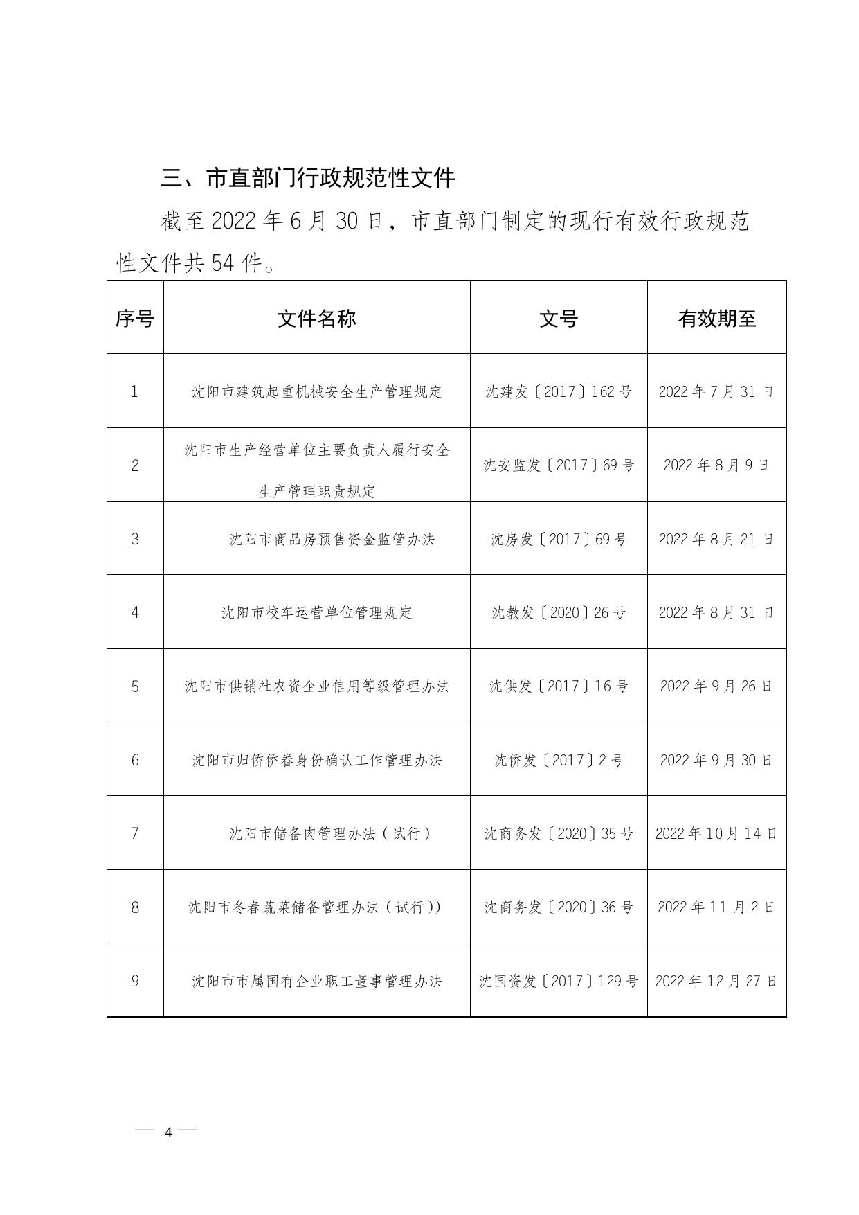 关于印发沈阳市现行有效行政规范性文件目录的通知.doc