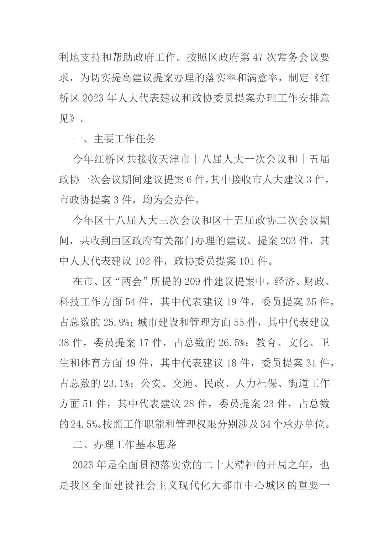 天津市红桥区人民政府办公室关于印发《红桥区2023年人大代表建议和政协委员提案办理工作安排意见》的通知.docx