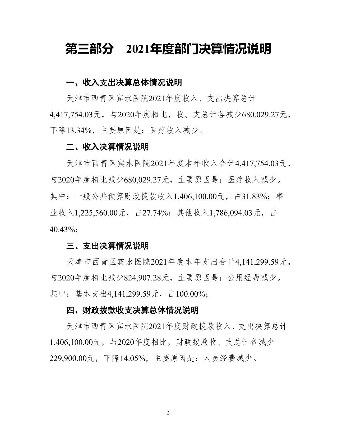 天津市西青区宾水医院-2021年度部门决算和“三公”经费决算公开.Doc.doc