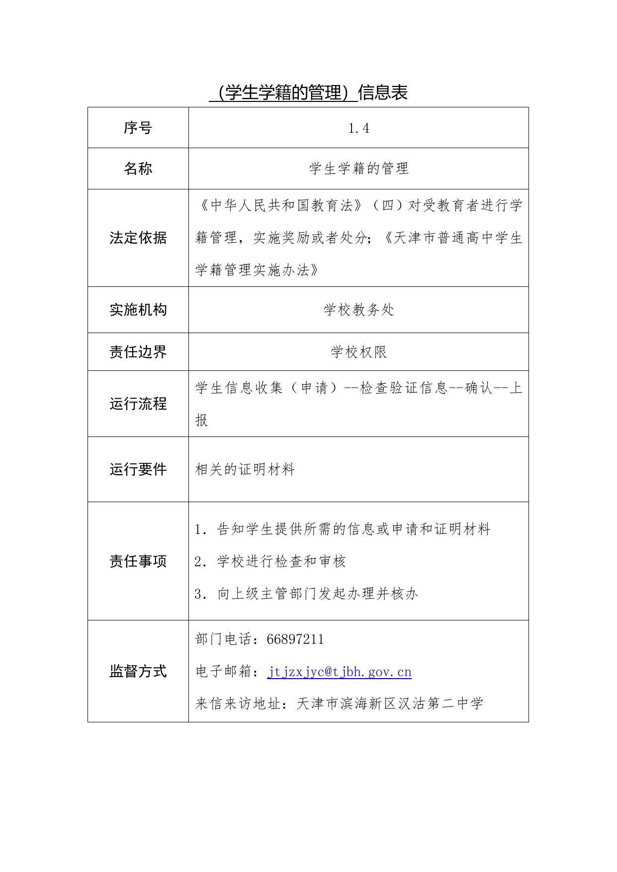 天津市滨海新区汉沽第二中学职责事项信息.docx