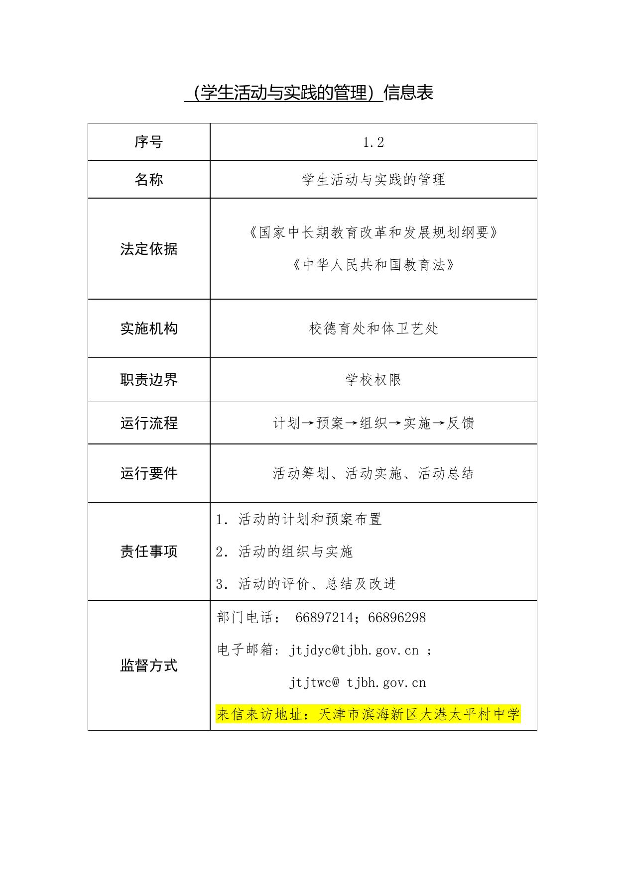 天津市滨海新区大港太平村中学职责事项信息.docx