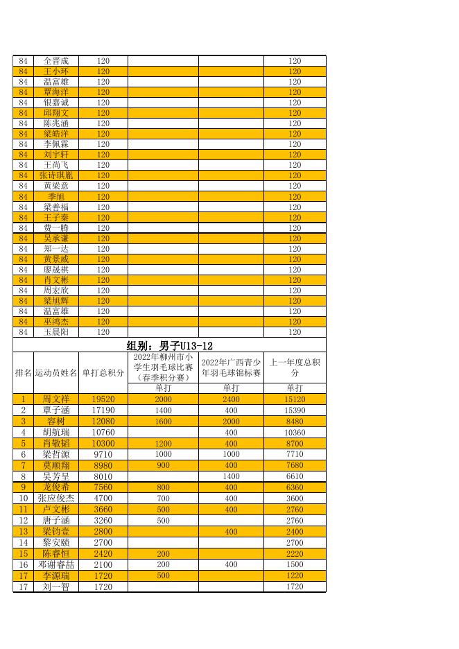 2022年柳州市青少年羽毛球比赛积分排名公示（截至2022年8月24日）.xlsx