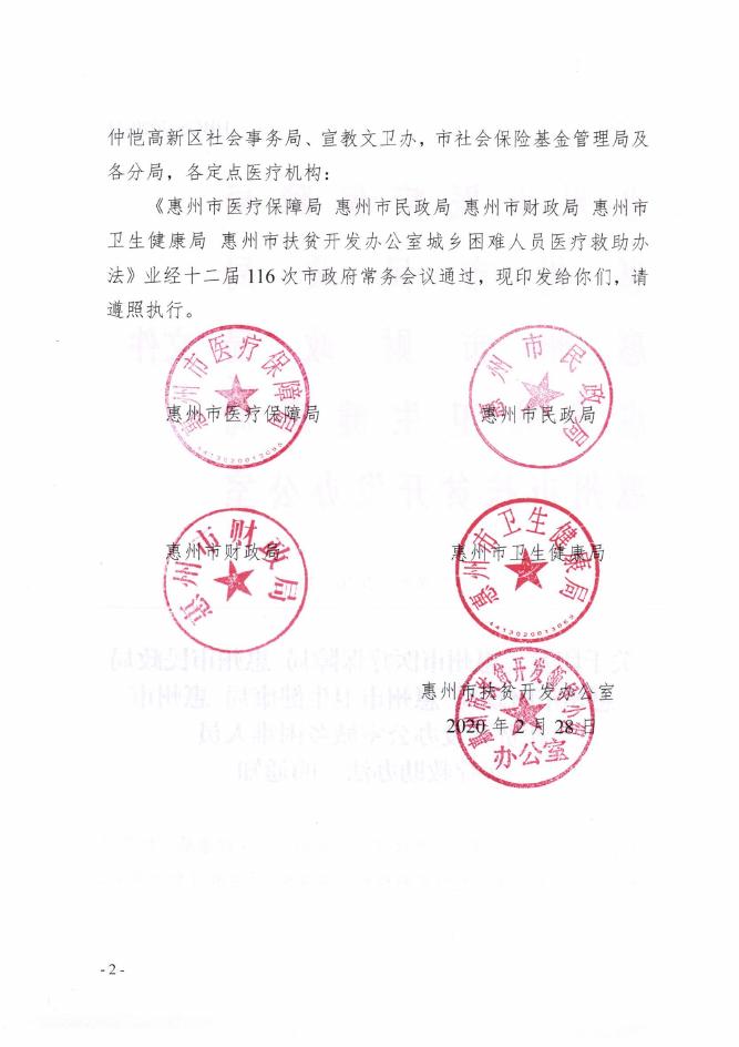 关于印发《惠州市医疗保障局惠州市民政局惠州市财政局惠州市卫生健康局惠州市扶贫开发办公室+城乡困难人员医疗救助办法》的通知 HBGS-2020-11.pdf