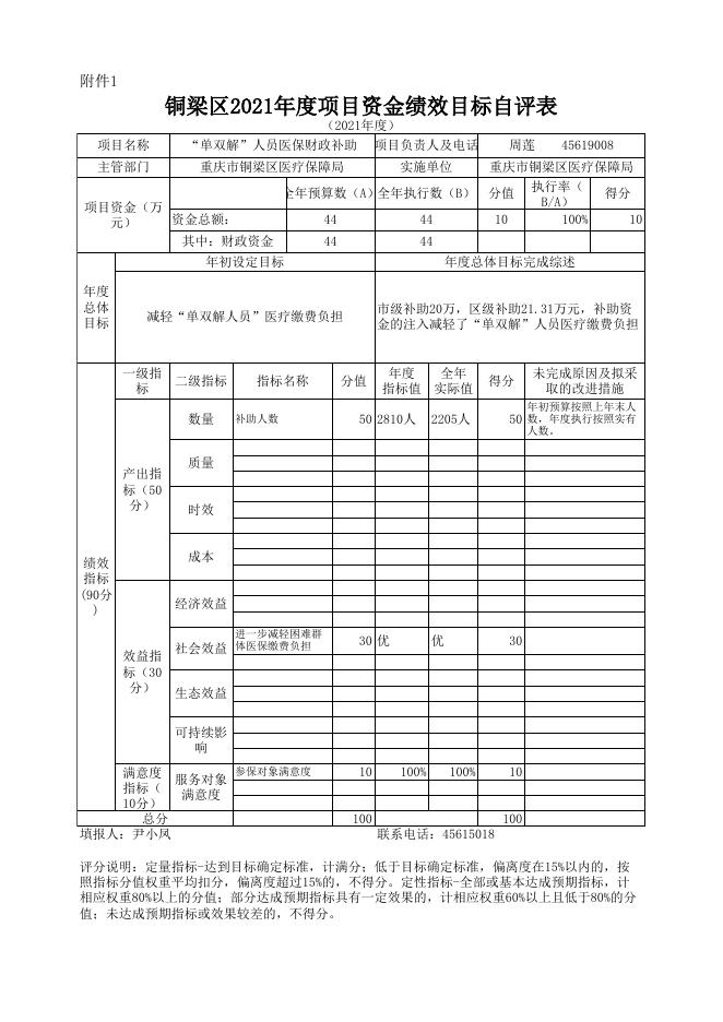 附件1：铜梁区2021年度项目资金绩效目标自评表（医保局）.xls