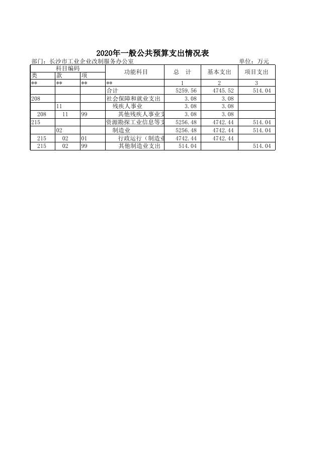 2020年部门预算批复表（财政）_(516)长沙市工业企业改制服务办公室.xlsx