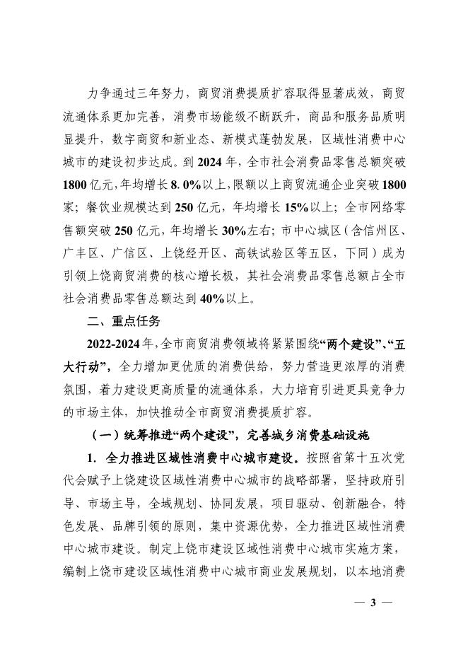 上饶市人民政府办公室关于印发上饶市促进商贸消费提质扩容建设区域性消费中心城市三年行动方案（2022－2024年）的通知.pdf