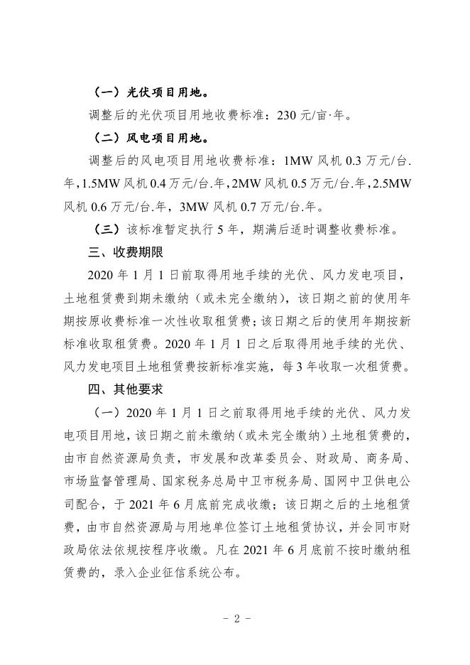 卫政规发【2021】1号 关于调整新能源光伏、风力发电项目用地租赁费收费标准的通知.pdf