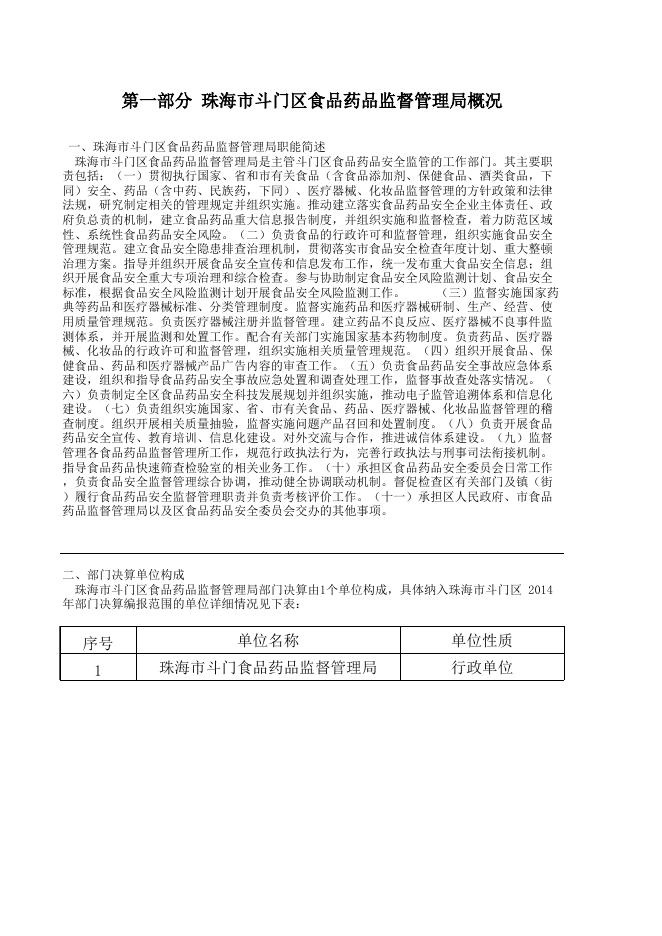 珠海市斗门区食品药品监督管理局2014年度部门决算公开.xls