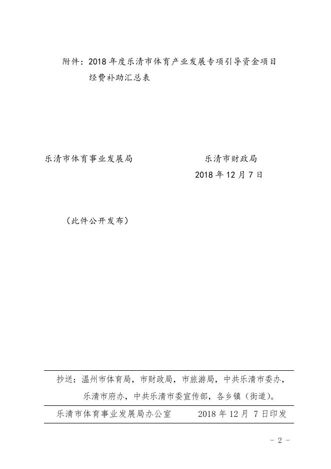 乐体〔2018〕98号关于下达2018年度乐清市体育产业发展专项引导资金的通知.doc