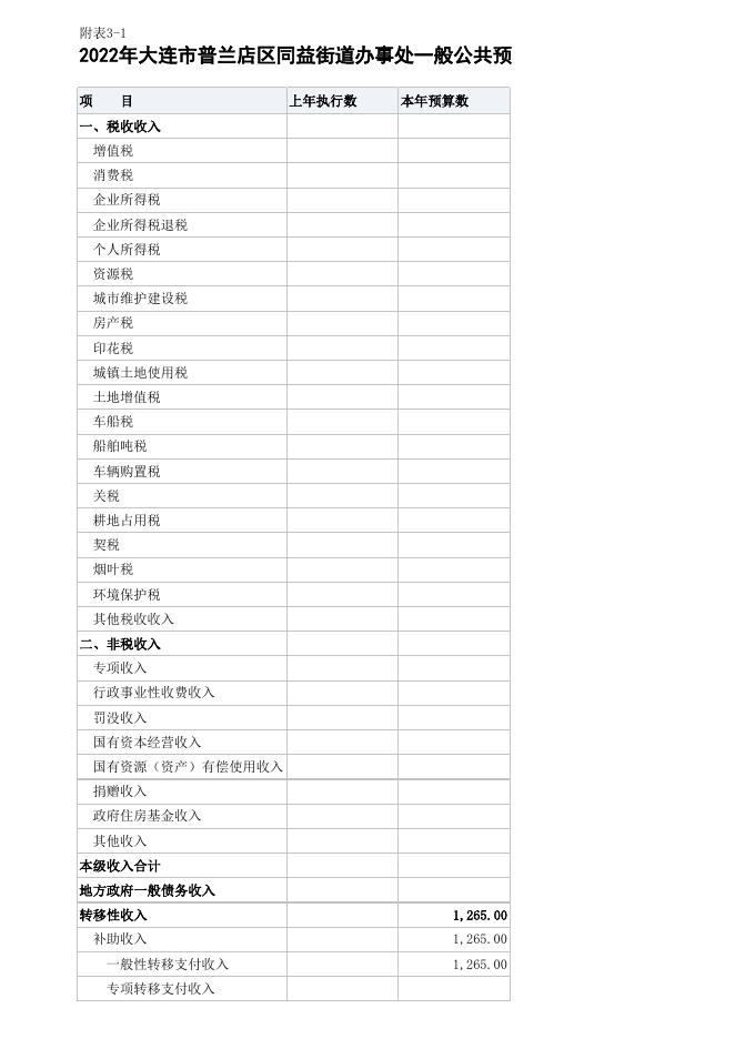 大连市普兰店区同益街道办事处政府预算草案报表(2022).xlsx