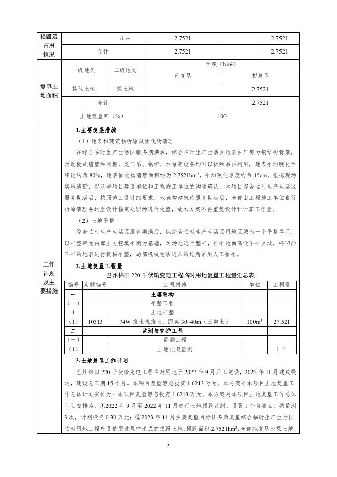 附件1：巴州棉田220千伏输变电工程临时用地土地复垦方案报告表.pdf