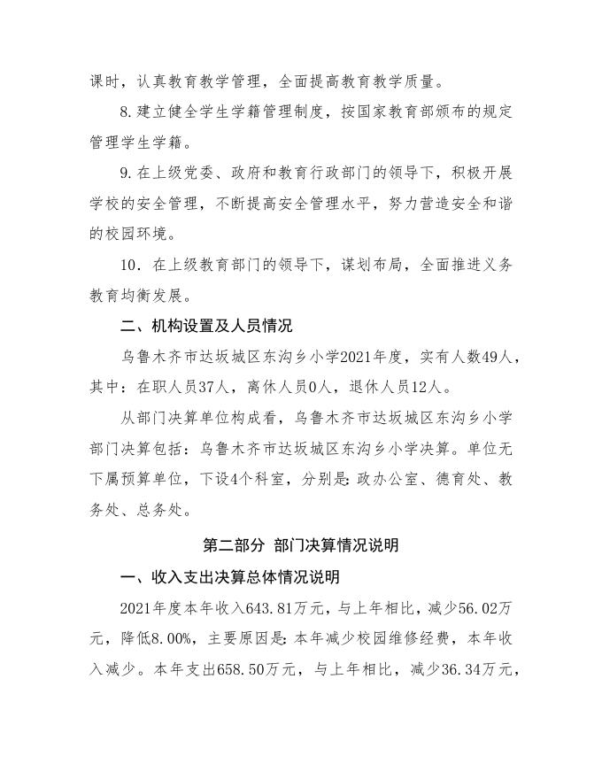 乌鲁木齐市达坂城区东沟乡小学2021年度部门决算公开说明.Doc.doc