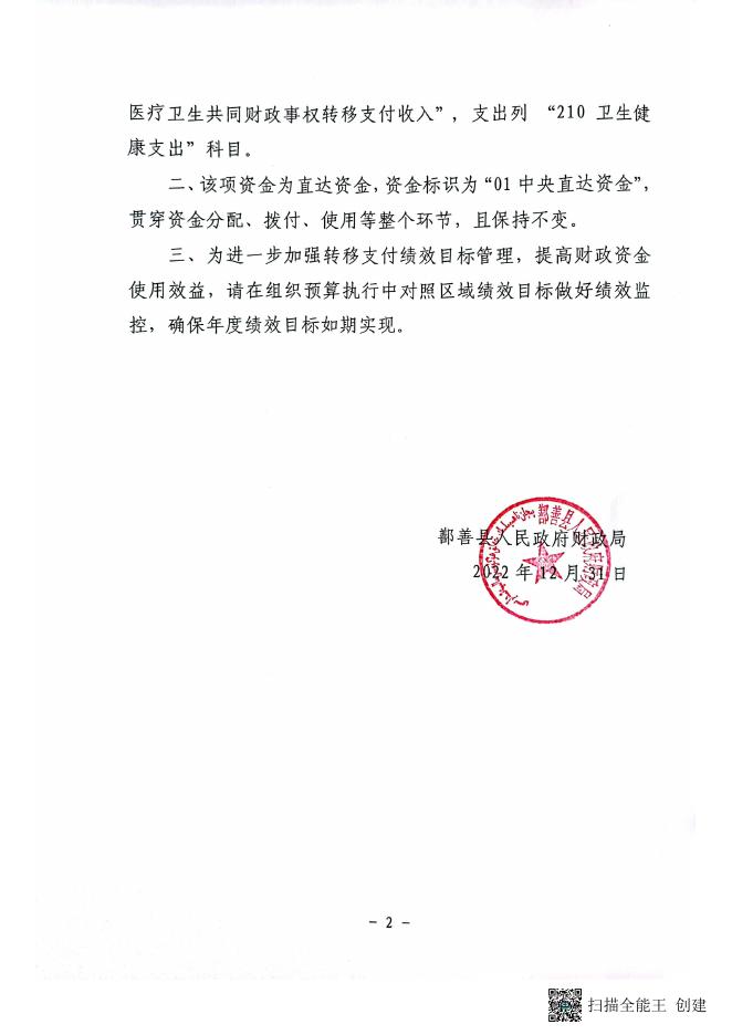 鄯政财字【2022】128号关于拨付2022年中央财政医疗服务与保障能力提升（医疗卫生机构能力建设、卫生健康人才培养）补助资金（第二批）的通知.pdf