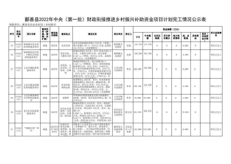 鄯善县2022年中央（第一批）财政衔接推进乡村振兴补助资金项目计划完工情况公示表.xls