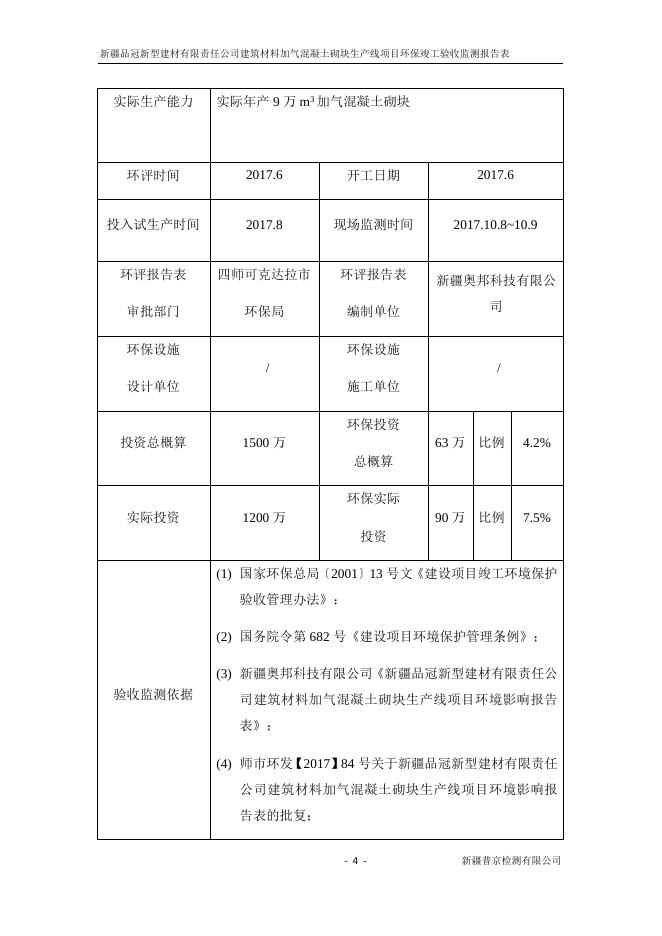 新疆品冠新型建材有限责任公司建筑材料加气混凝土砌块生产线项目验收报告.docx