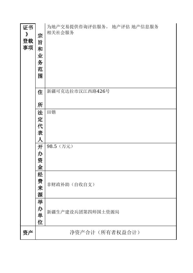 12990400458466865F-新疆生产建设兵团第四师国土资源局-新疆生产建设兵团第四师征地估价管理事务中心.doc