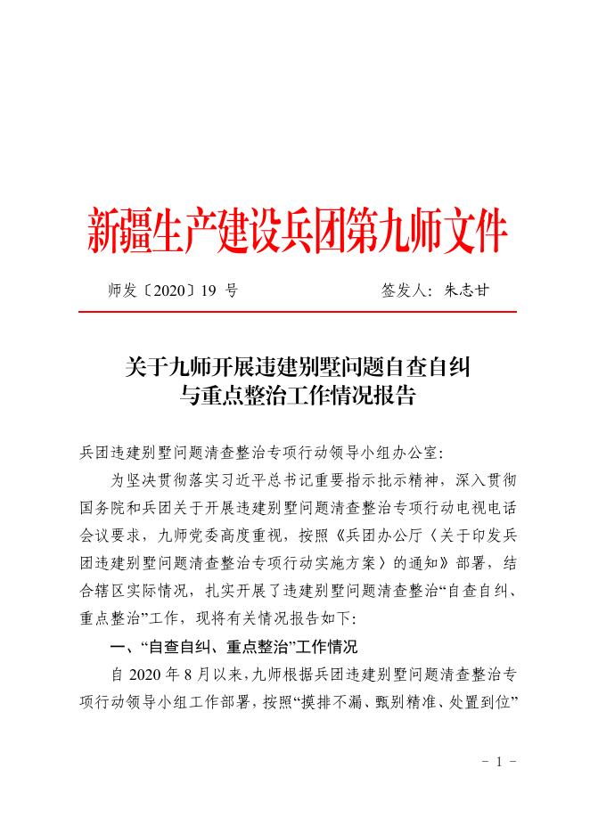 师发〔2020〕19号——关于九师开展违建别墅问题自查自纠与重点整治工作情况报告.pdf