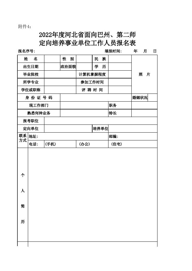 面向新疆巴州、二师生源高校毕业生公开招聘赴河北事业单位定向培养工作人员报名表-20221215191812244.xls