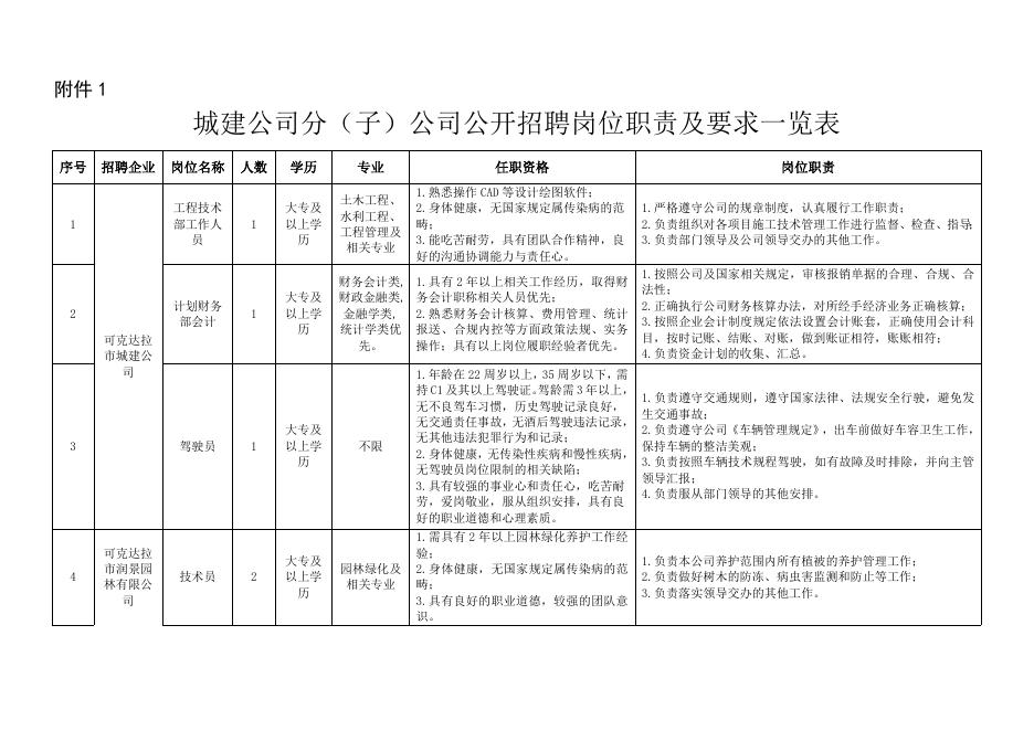 城建公司分（子）公司公开招聘岗位职责及要求一览表.docx