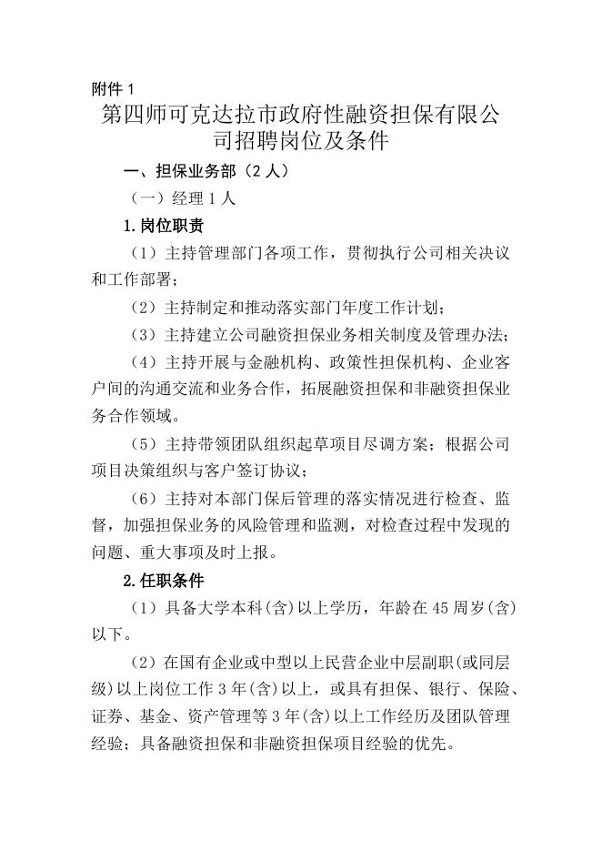 第四师可克达拉市政府性融资担保有限公司招聘岗位及条件.docx