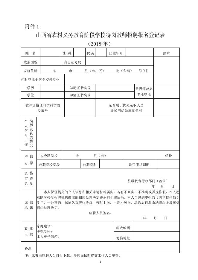 附件1：山西省农村义务教育阶段学校特岗教师报名登记表(2018年）.doc