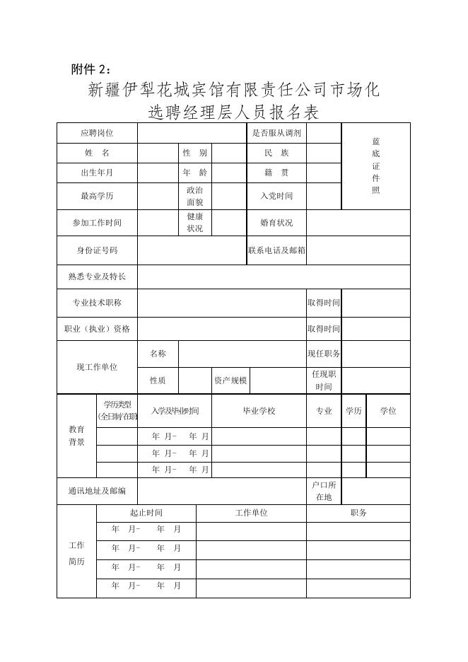 附件2.新疆伊犁花城宾馆有限责任公司市场化选聘经理层人员报名表.docx