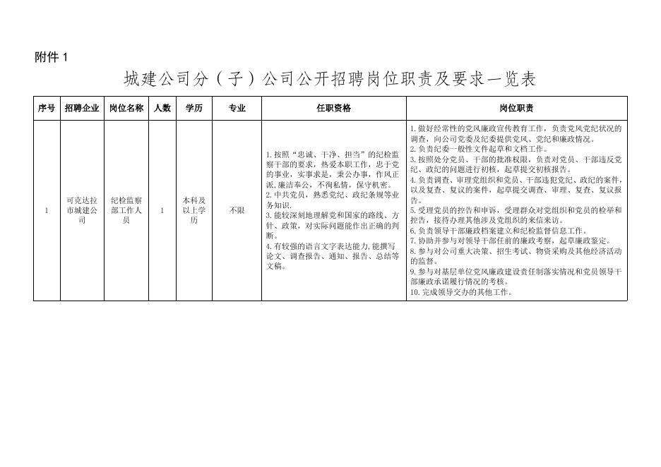 城建公司公开招聘岗位职责及要求一览表.docx