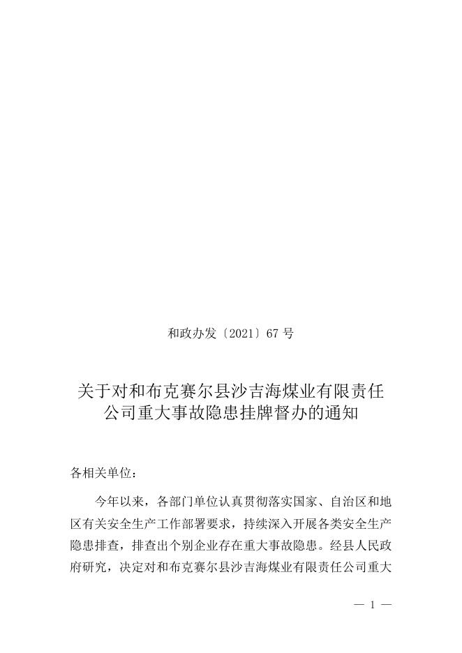 和政办发〔2021〕67号 关于对和布克赛尔县沙吉海煤业有限责任公司重大事故隐患挂牌督办的通知.docx