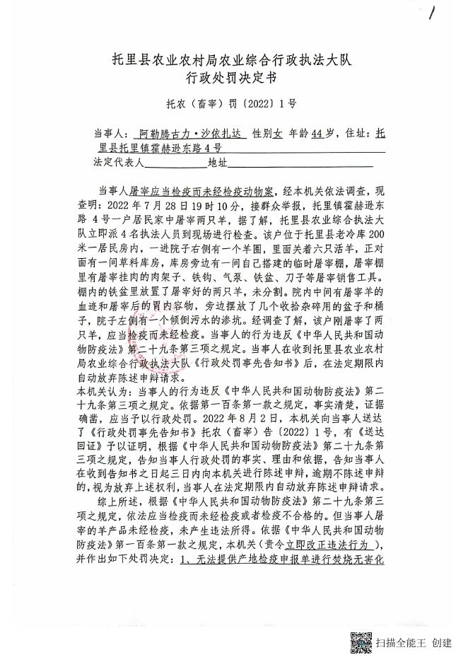 1、阿勒腾古力·沙依扎达行政处罚决定书.pdf