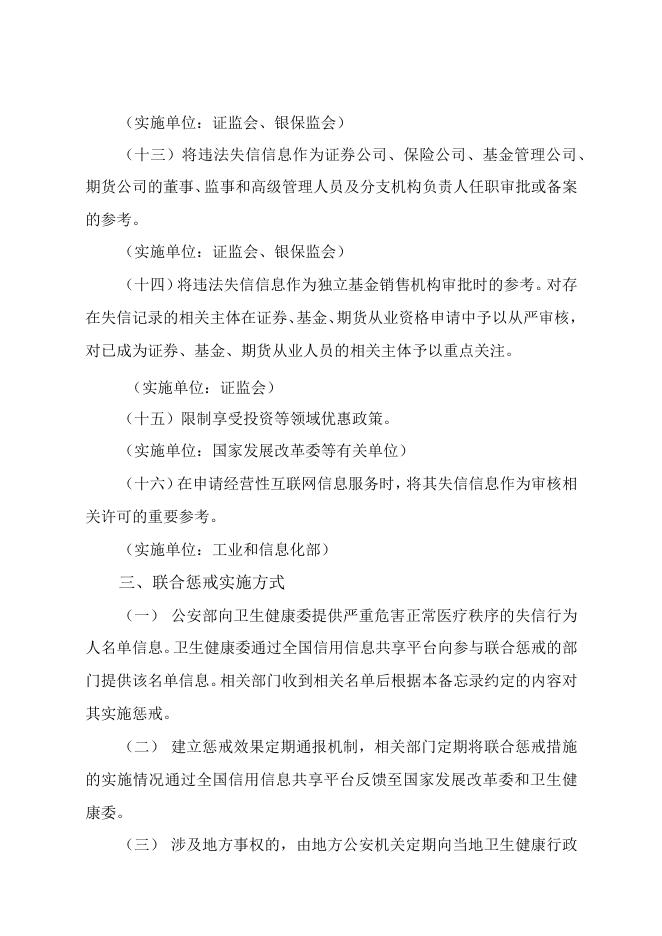 关于对严重危害正常医疗秩序的失信行为责任人实施联合惩戒合作备忘录.docx