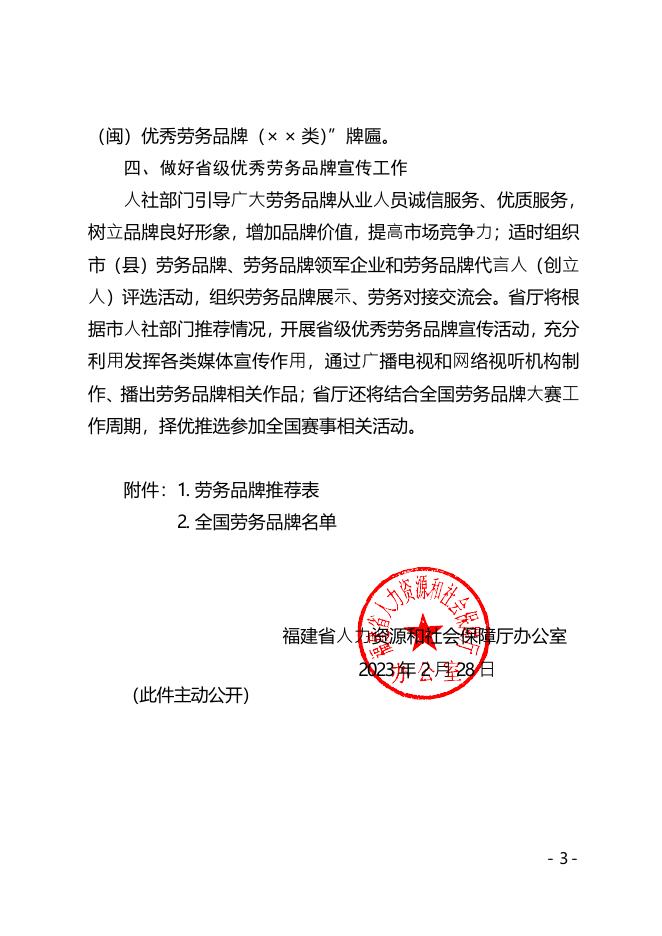 附件1 福建省人力资源和社会保障厅办公室关于做好2023年劳务品牌建设工作的通知.pdf