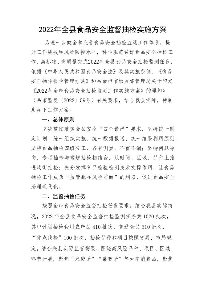兴县市场监督管理局 关于印发《2022年全县食品安全监督 抽检实施方案....docx