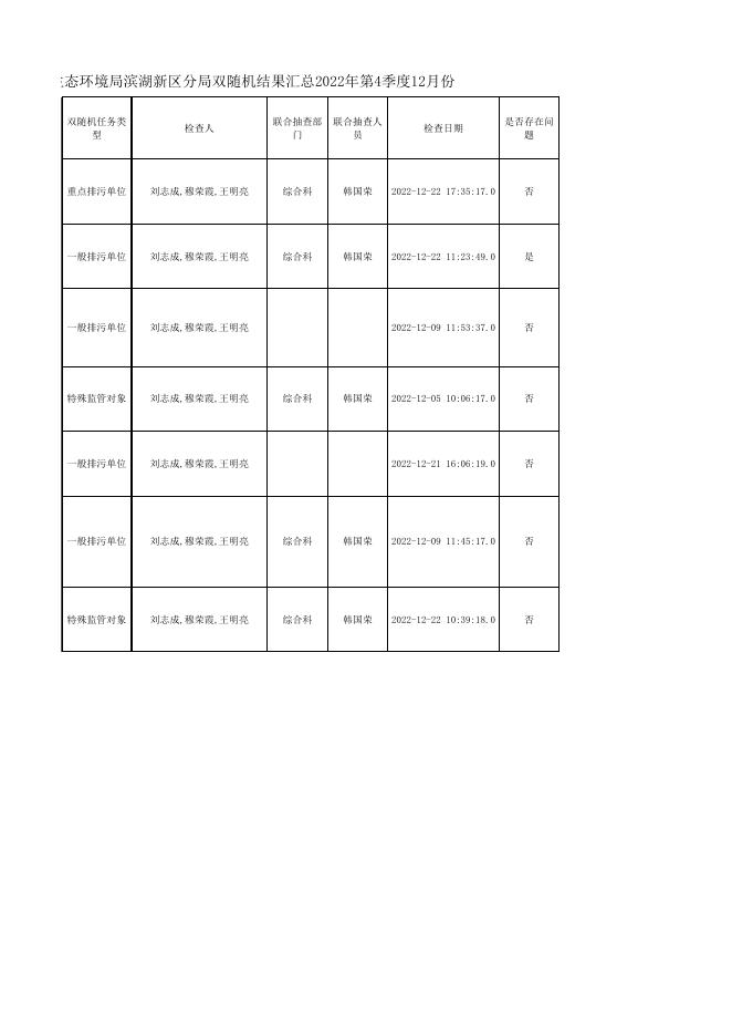 衡水市生态环境局滨湖新区分局双随机结果汇总(2022年第4季度12月份).xlsx