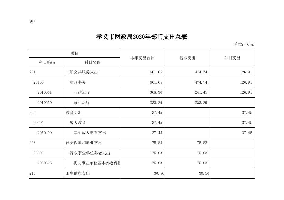 孝义市财政局2020年部门预算公开表.xlsx