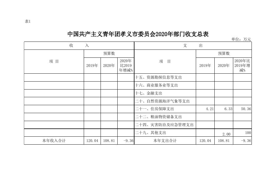 中国共产主义青年团孝义市委员会2020年部门预算公开表.xlsx
