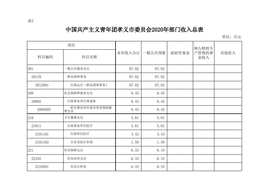 中国共产主义青年团孝义市委员会2020年部门预算公开表.xlsx