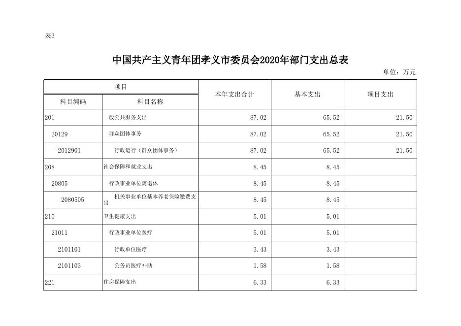 中国共产主义青年团孝义市委员会2020年部门预算公开表.xlsx